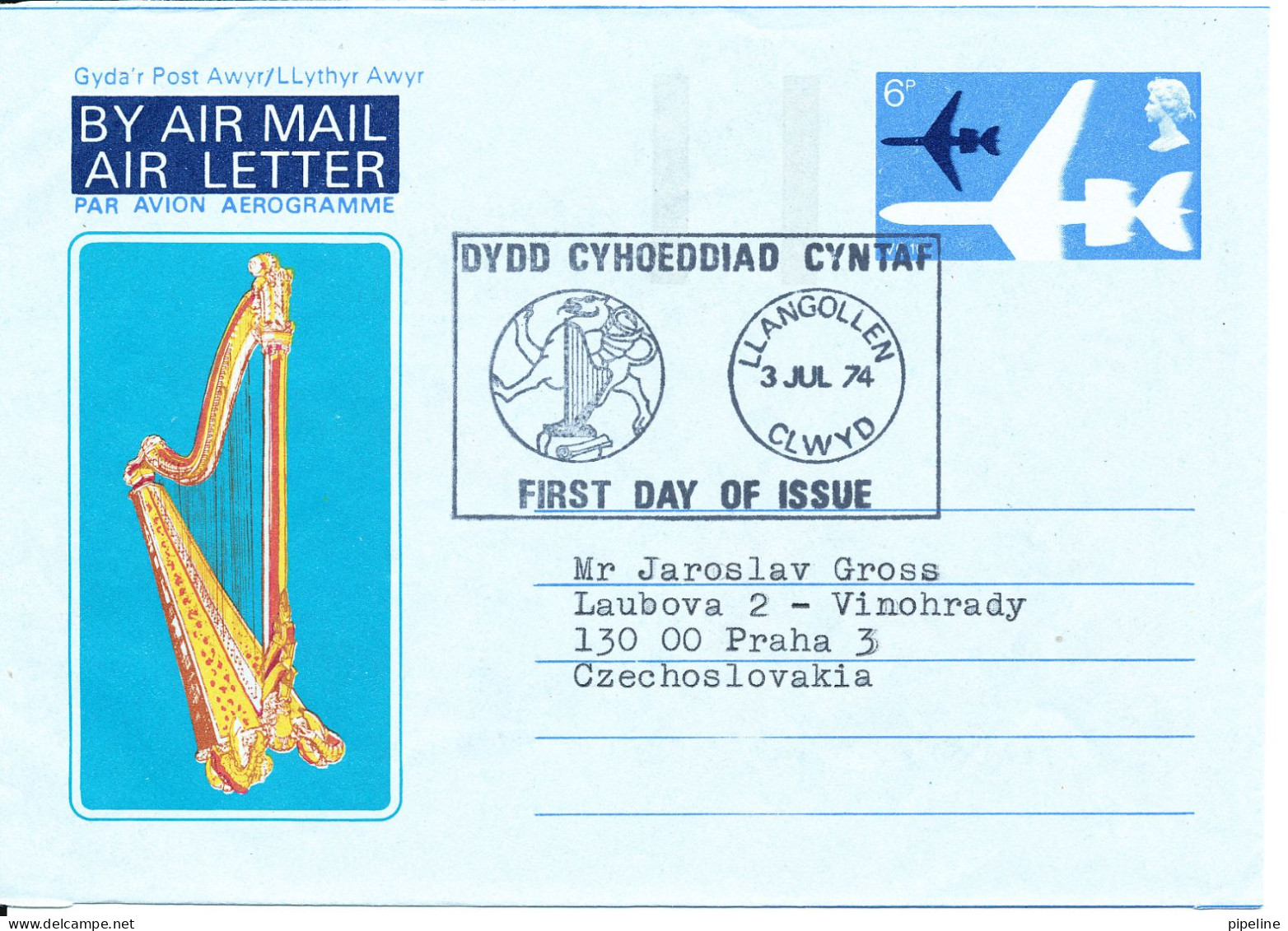 Great Britain Aerogramme FDC Dydd Cyhoeddiad Llangollen 3-7-1974 Clwyd Sent To Czechoslovakia - Postwaardestukken