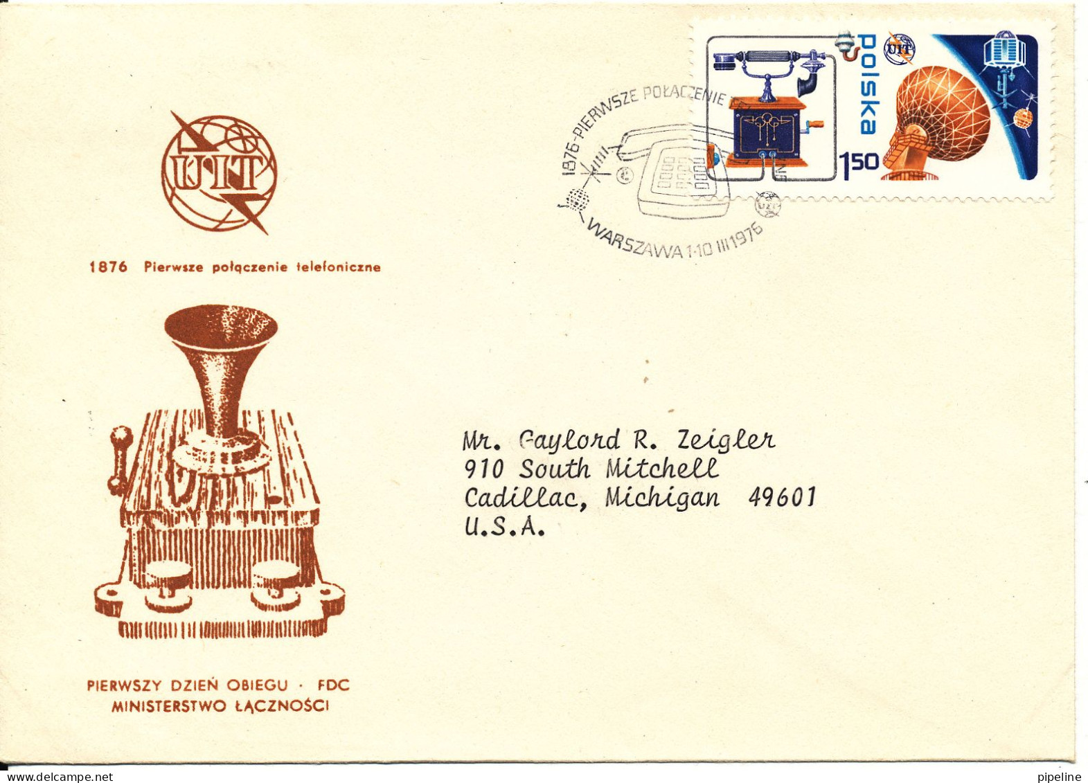 Poland FDC UIT 100th Anniversary 10-3-1976 Sent To USA - FDC