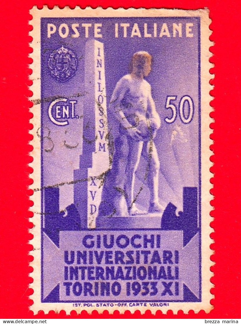 ITALIA - Usato - 1933 - Giuochi Universitari Internazionali - Stele Mussolini E Statua - 50 C. - Afgestempeld