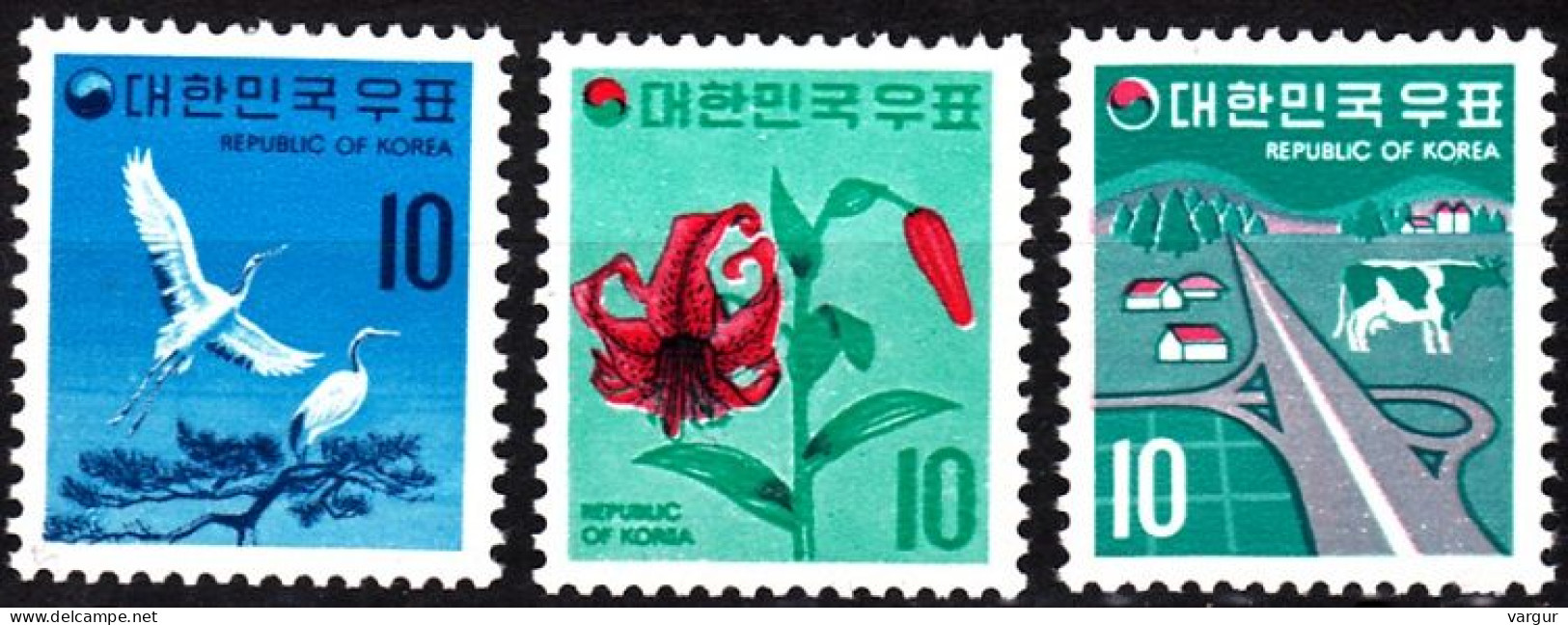 KOREA SOUTH 1973 Definitive: Bird Flower Highway. 3v, MNH - Cranes And Other Gruiformes