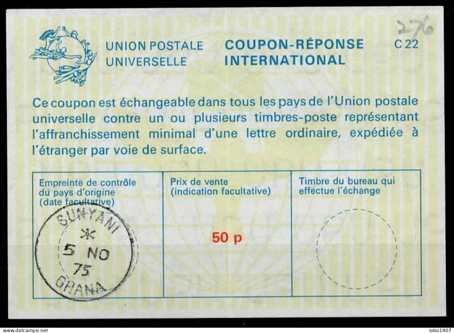 GHANA / CÔTE D'OR GOLD COAST  La22  50p International Coupon Reponse Antwortschein IRC IAS  O SUNYANI 05.11.75 - Côte D'Or (...-1957)