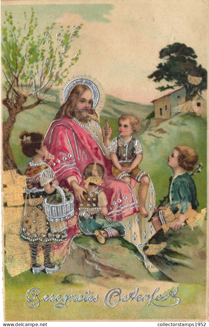 HOLIDAYS, CELEBRATION, EASTER, JESUS, CHILDREN, BASKET, ARCHITECTURE, SWITZERLAND, EMBOSSED POSTCARD - Pâques