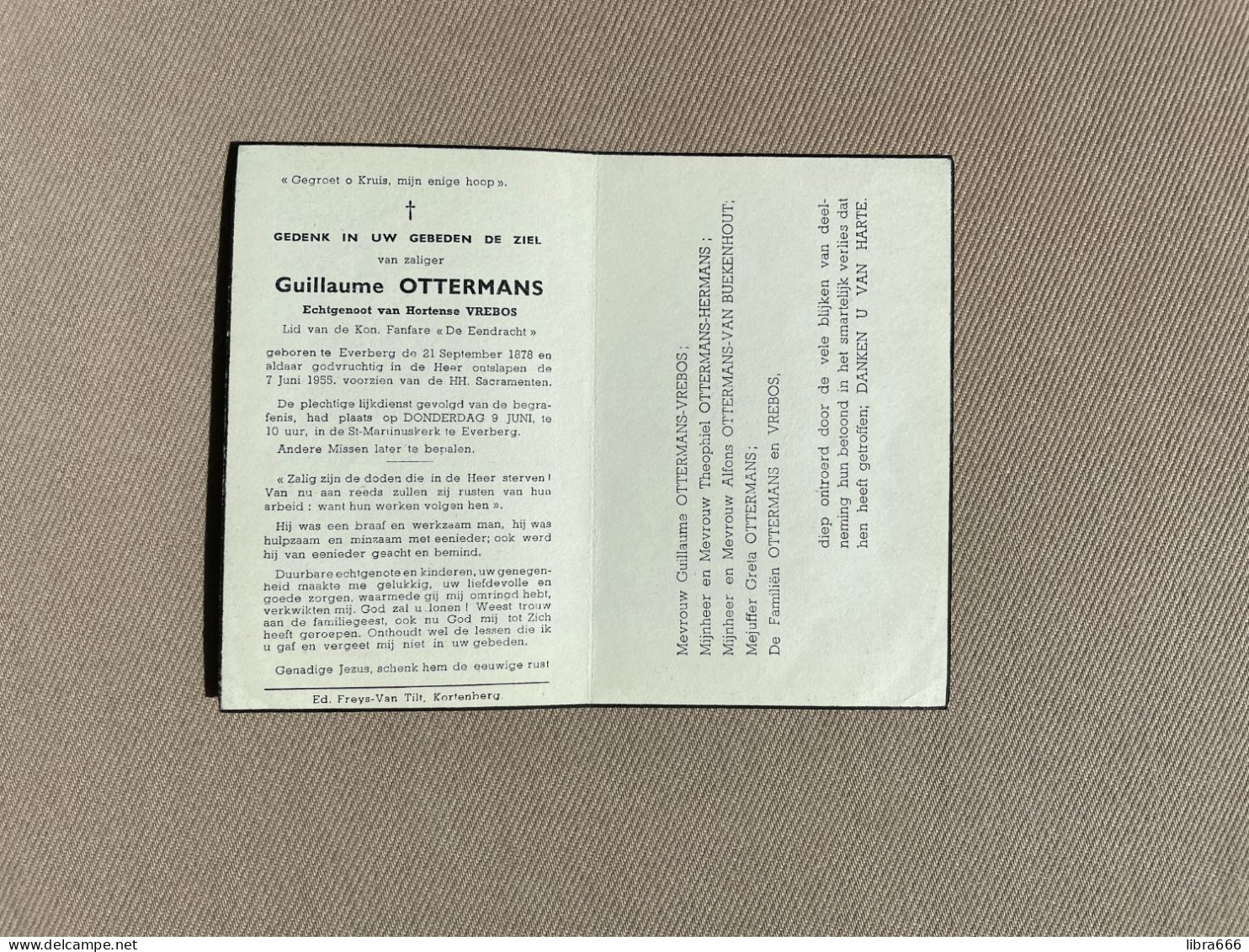 OTTERMANS Guillaume °EVERBERG 1878 +EVERBERG 1955 - VREBOS - HERMANS - VAN BUEKENHOUT - Avvisi Di Necrologio