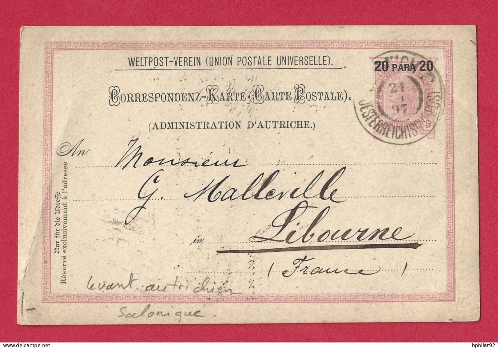 !!! LEVANT AUTRICHIEN, ENTIER POSTAL DE SALONIQUE POUR LA FRANCE DE 1897 - Levante-Marken