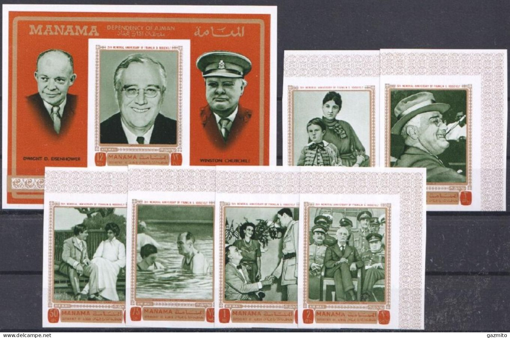 Manama 1969, F. D. Roosevelt, De Gaulle, Churchill, 6val +Block IMPERFORATED - Manama