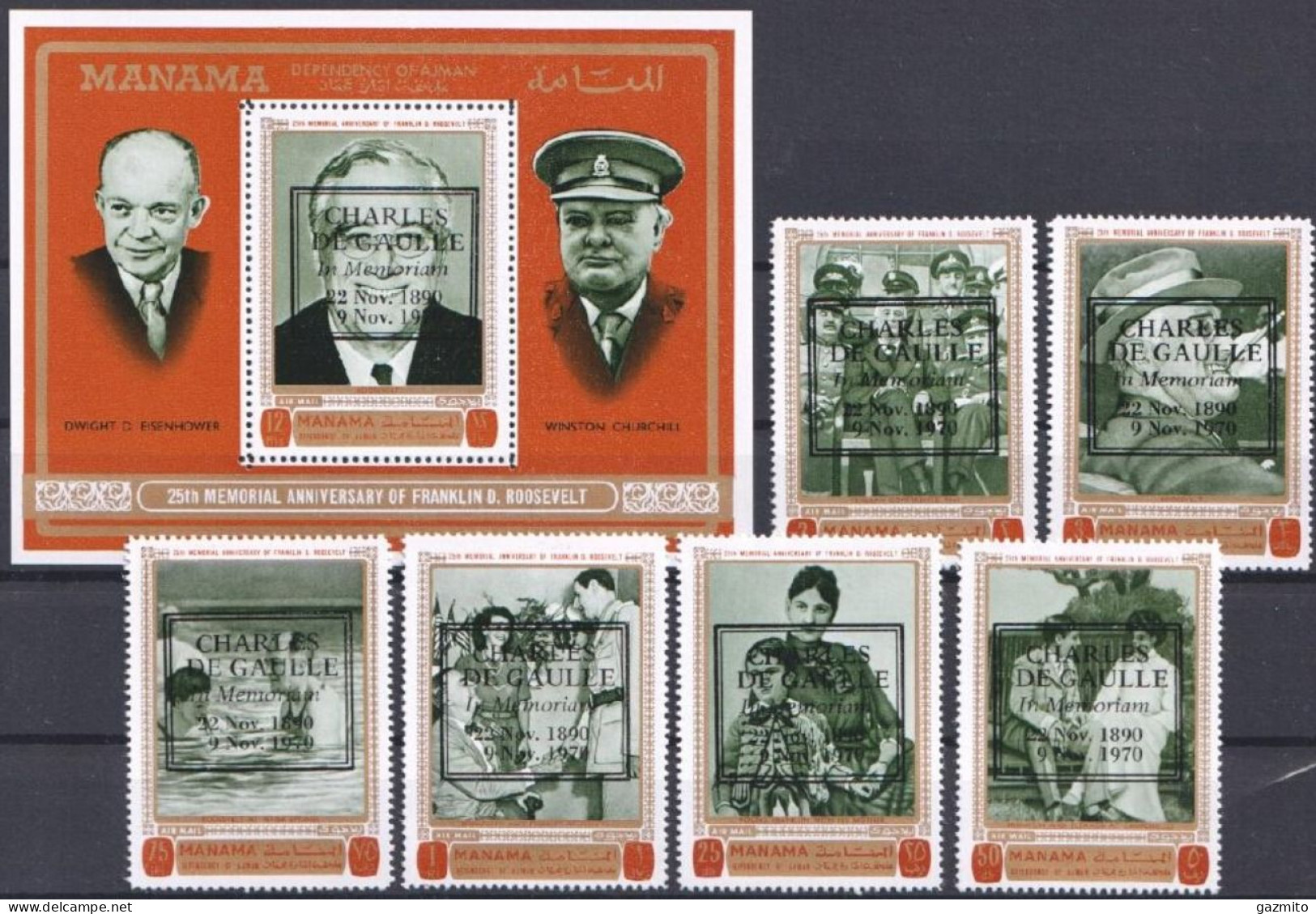 Manama 1969, F. D. Roosevelt, De Gaulle, Churchill, Overp. Black, De Gaulle, 6val +Block - Manama