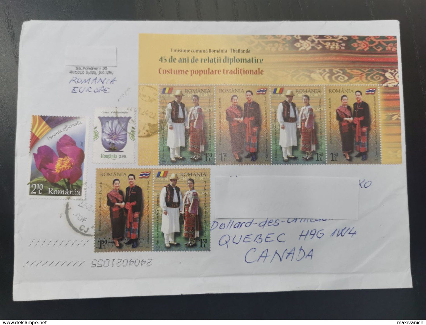 Romania 2018 Thailand Costumes 2023 Medicinal Plants Flowers Peony Cover To Canada - Gebruikt