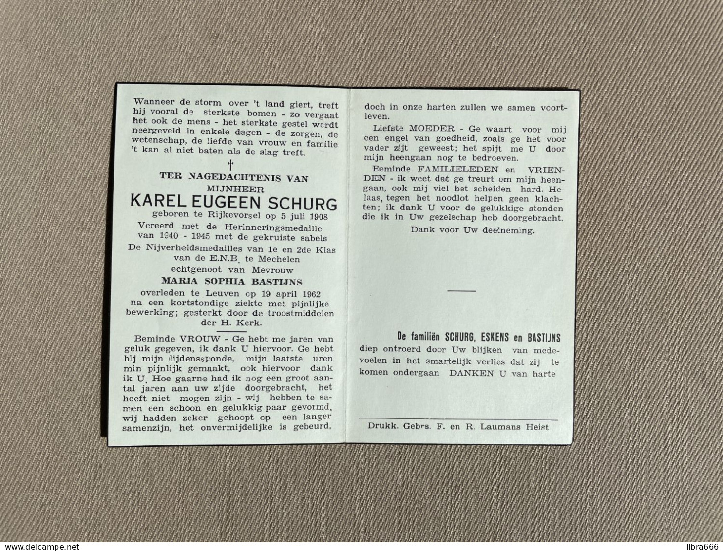 SCHURG Karel Eugeen °RIJKEVORSEL 1908 +LEUVEN 1962 - BASTIJNS - ESKENS - Herinneringsmedaille 1940-1945 Gekruiste Sabels - Obituary Notices