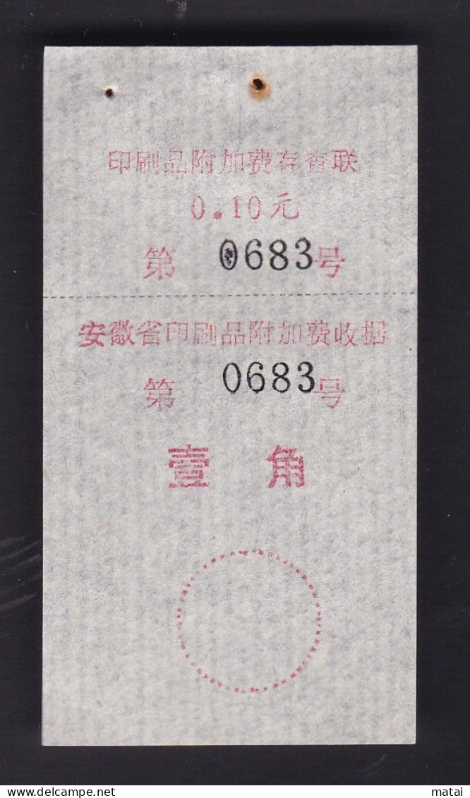 CHINA CHINE CINA ANHUI  ADDED CHARGE LABEL (ACL)  0.10 YUAN  VARIETY - Sonstige & Ohne Zuordnung