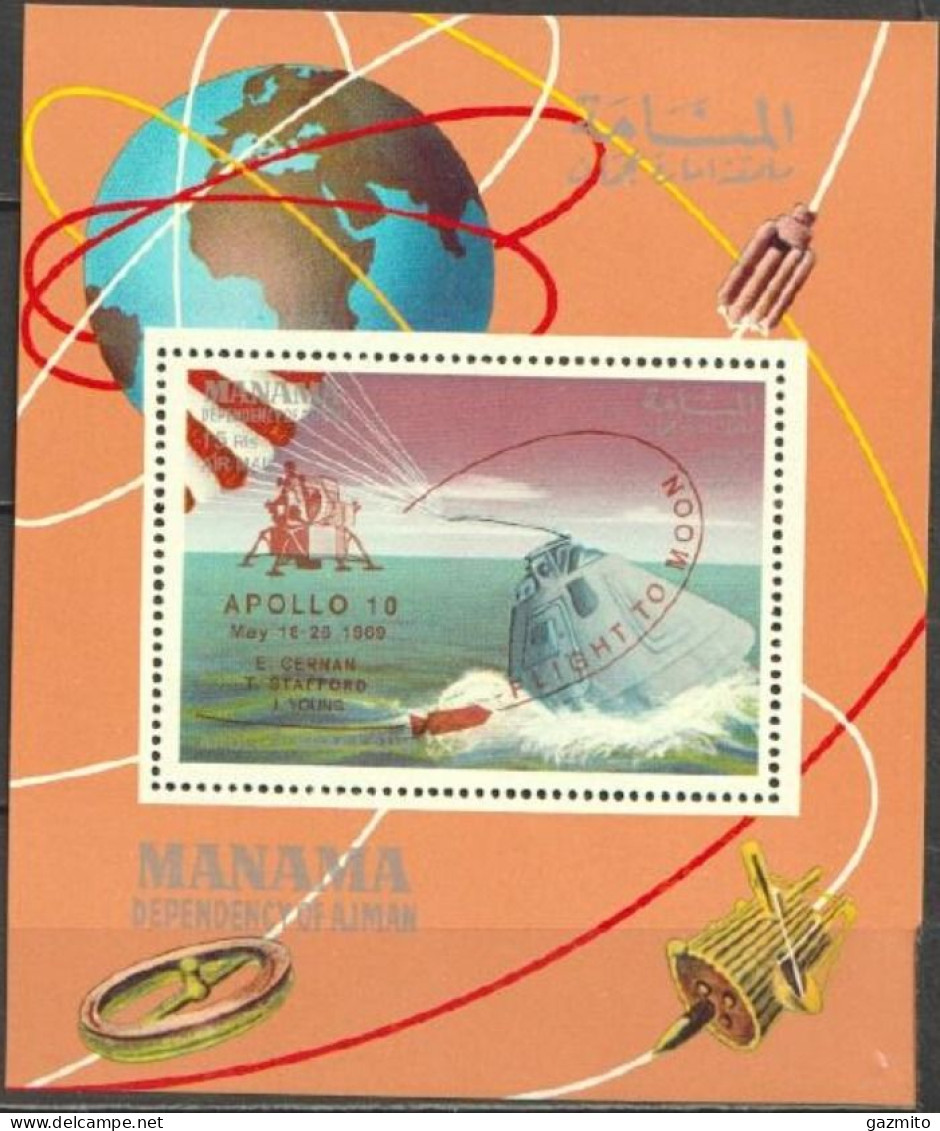 Manama 1969, Space, Overpr. Apollo 10, Flight To The Moon, Block - Manama