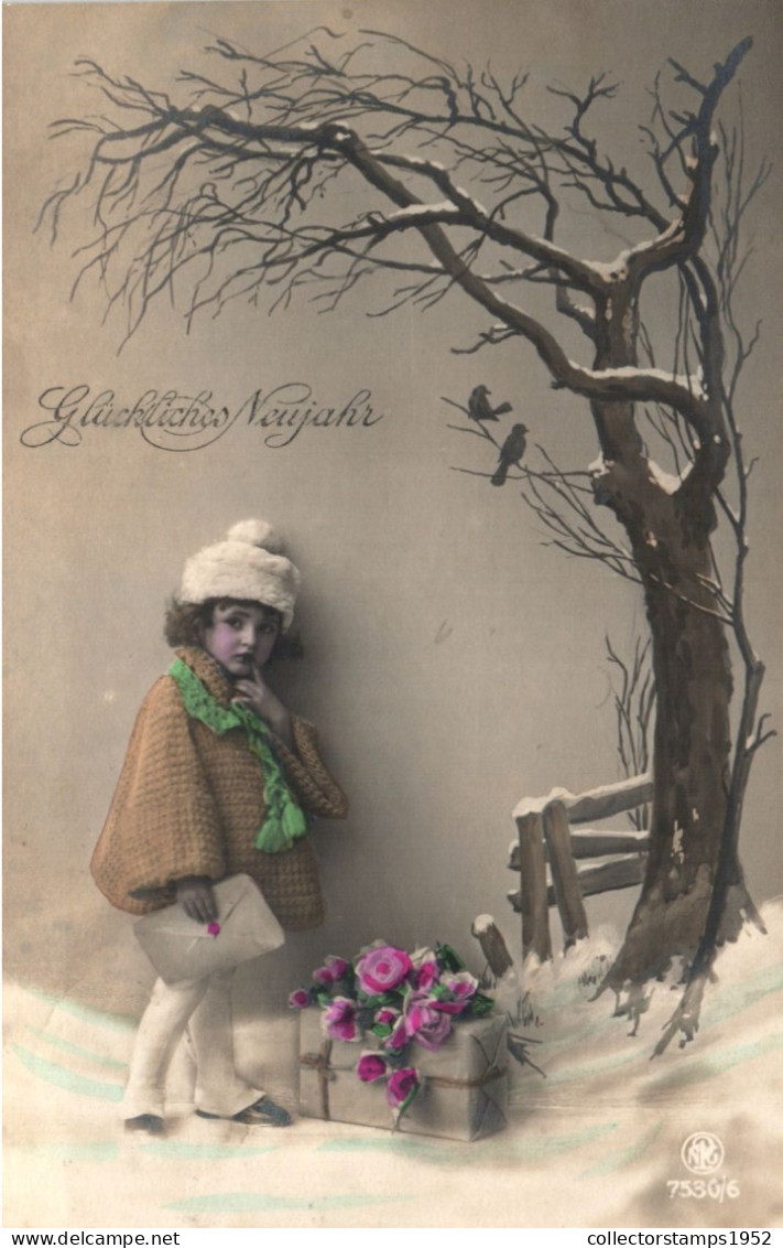 NEW YEAR, HOLIDAYS, CELEBRATION, CHILD, GIFT, ROSES, LETTER, WINTER, SWITZERLAND, POSTCARD - Nouvel An