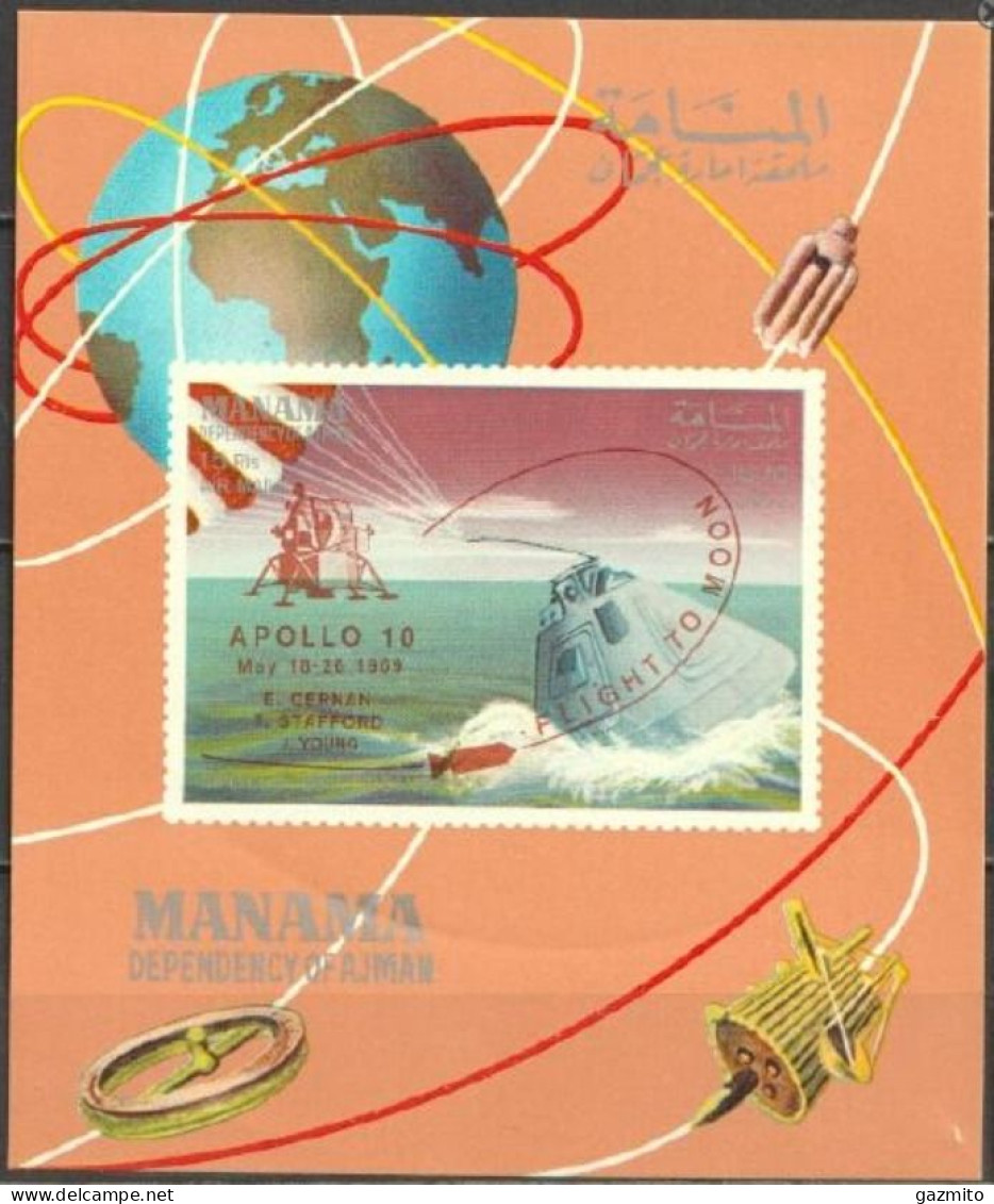 Manama 1969, Space, Overpr. Apollo 10, Flight To The Moon, Block IMPERFORATED - Azië