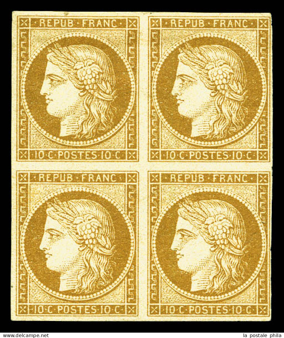 ** N°1, 10c Bistre-jaune, Bloc De Quatre Pleine Gomme (2ex*), Fraîcheur Postale, R.R.R. SUPERBE (signé Calves/certificat - 1849-1850 Ceres