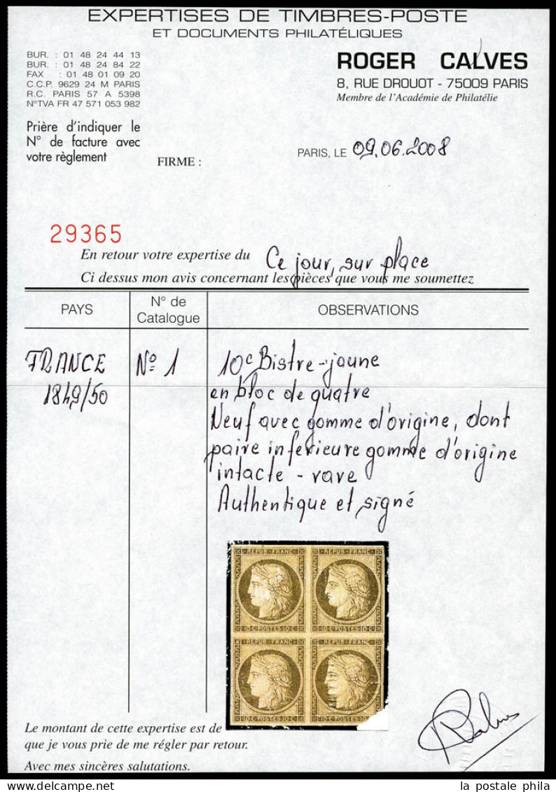 ** N°1, 10c Bistre-jaune, Bloc De Quatre Pleine Gomme (2ex*), Fraîcheur Postale, R.R.R. SUPERBE (signé Calves/certificat - 1849-1850 Ceres