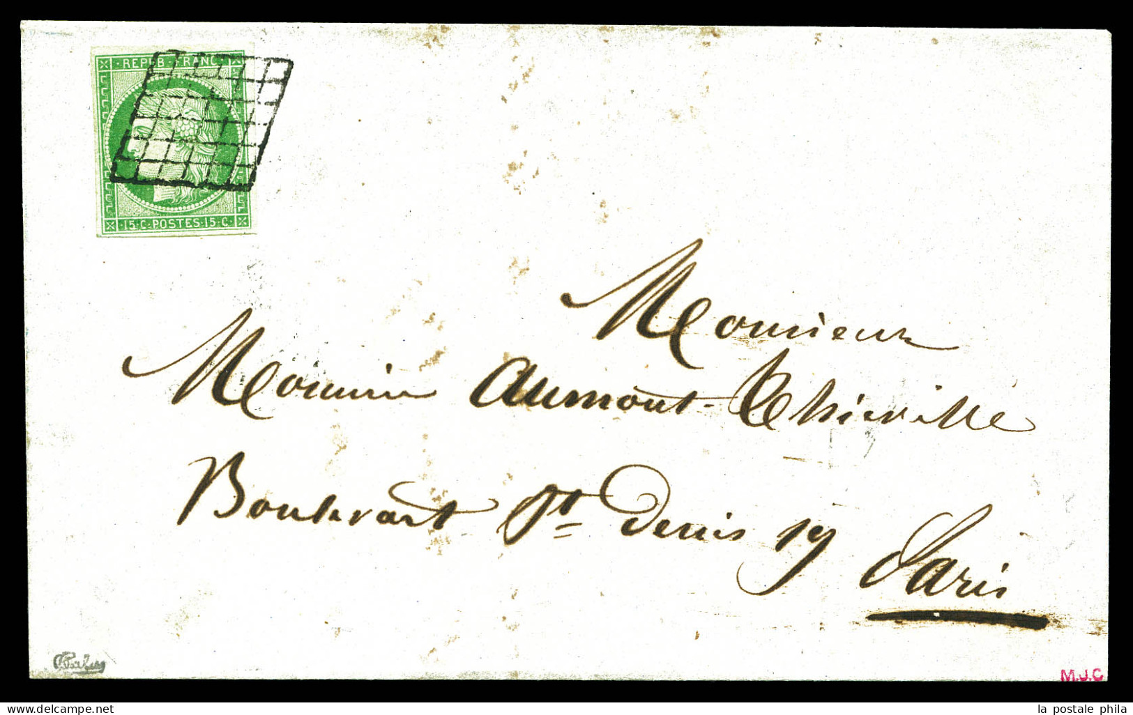 O N°2, 15c Vert Obl Grille Sur Lettre Locale De Paris, SUP (signé Calves/certificats)  Qualité: Oblitéré  Cote: 1850 Eur - 1849-1876: Klassik