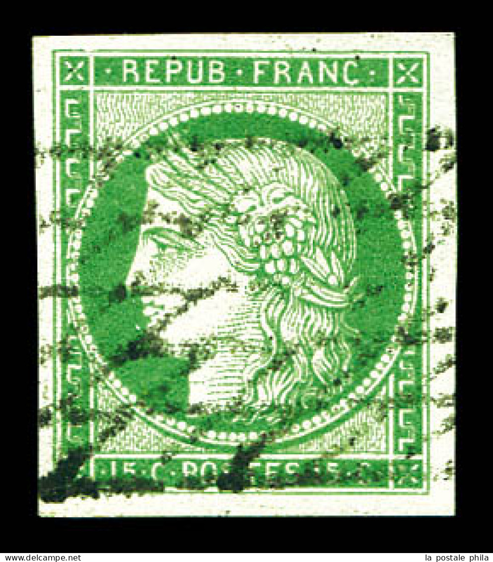 O N°2a, 15c Vert-clair, Quatre Belles Marges, Obl Grille Sans Fin. SUP (signé Calves/Brun/certificat)  Qualité: Oblitéré - 1849-1850 Ceres