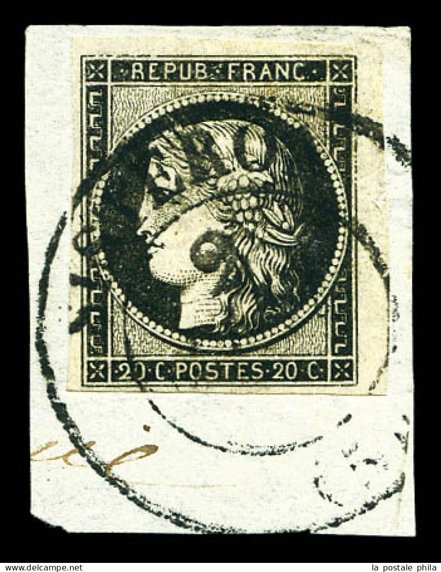 O N°3, 20c Noir, Bord De Feuille Obl Du Grand Cachet De SISTERON (type 13) Du 2 JANVIER 1849 Sur Son Support. TTB (signé - 1849-1850 Cérès