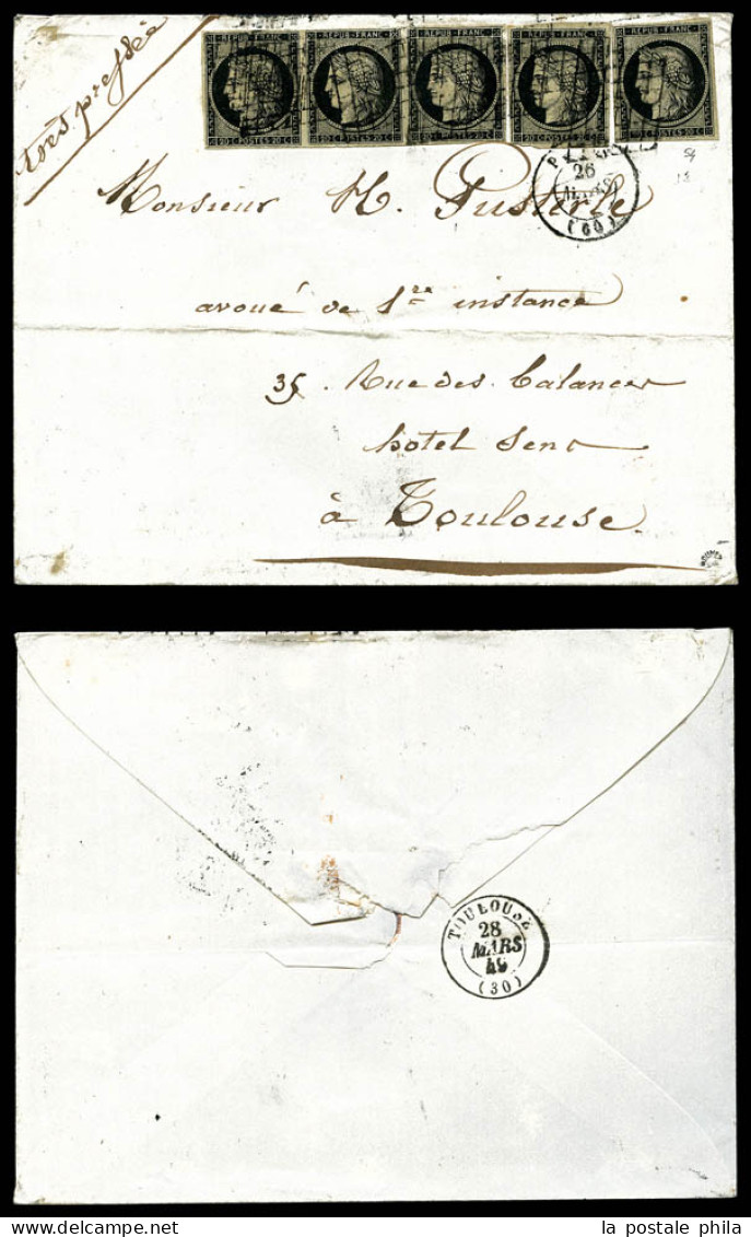 O N°3, 20c Cérès (bande De 3 + Deux) Obl Grille Sur Lettre Affranchie à 1f De Paris Le 26 Mars 1849 Pour Toulouse. SUP.  - 1849-1876: Klassik