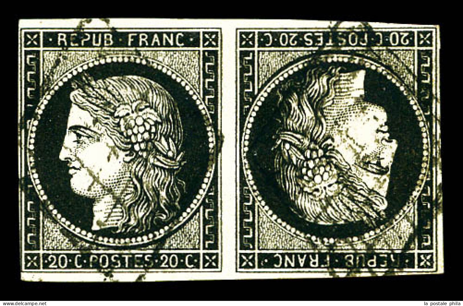 O N°3d, 20c Noir Sur Jaune En Paire Tête-bêche Obl Grille. TB. R. (signé Brun/certificat)  Qualité: Oblitéré  Cote: 9000 - 1849-1850 Ceres