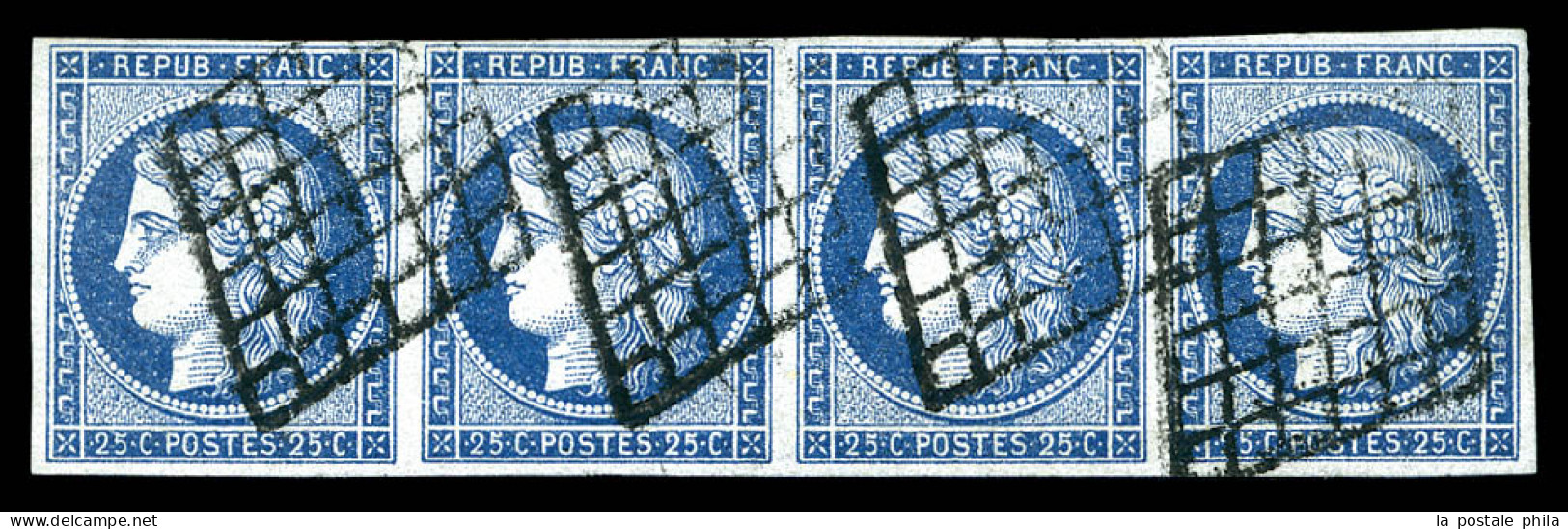 O N°4a, 25c Bleu Foncé, Bande De Quatre Horizontale. TTB (signé/certificat)  Qualité: Oblitéré  Cote: 1100 Euros - 1849-1850 Ceres