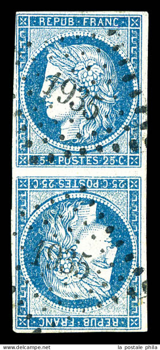 O N°4c, 25c Bleu En Paire Tête-bêche, Oblitération PC 1935, TRES RARE, SUPERBE (signé Thiaude/certificats)  Qualité: Obl - 1849-1850 Cérès