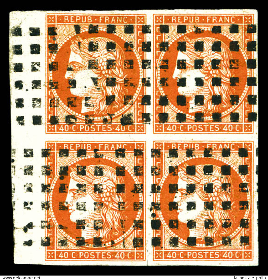 O N°5, 40c Orange, Bloc De Quatre Bord De Feuille Latéral Gauche Oblitération Gros Points, Pièce D'une Qualité Exception - 1849-1850 Cérès