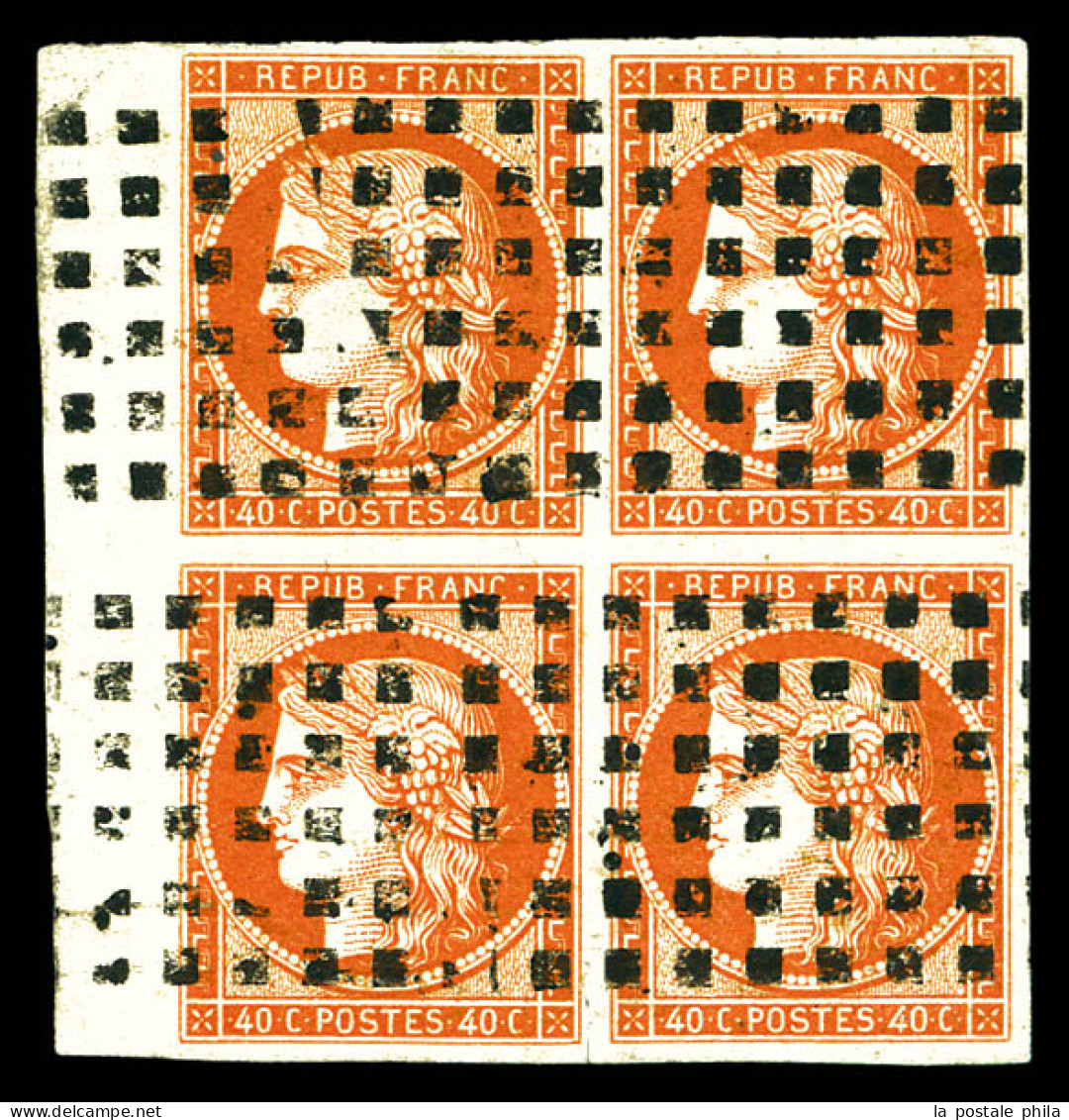O N°5, 40c Orange, Bloc De Quatre Bord De Feuille Latéral Gauche Oblitération Gros Points, Pièce D'une Qualité Exception - 1849-1850 Ceres
