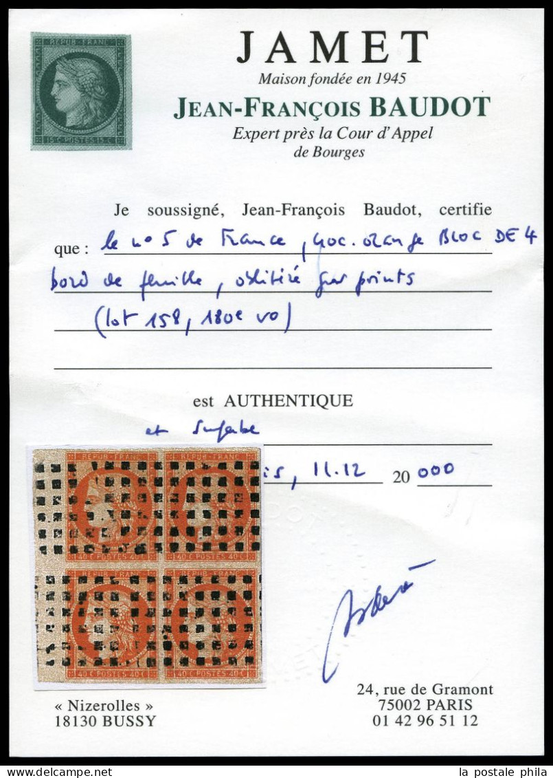 O N°5, 40c Orange, Bloc De Quatre Bord De Feuille Latéral Gauche Oblitération Gros Points, Pièce D'une Qualité Exception - 1849-1850 Ceres