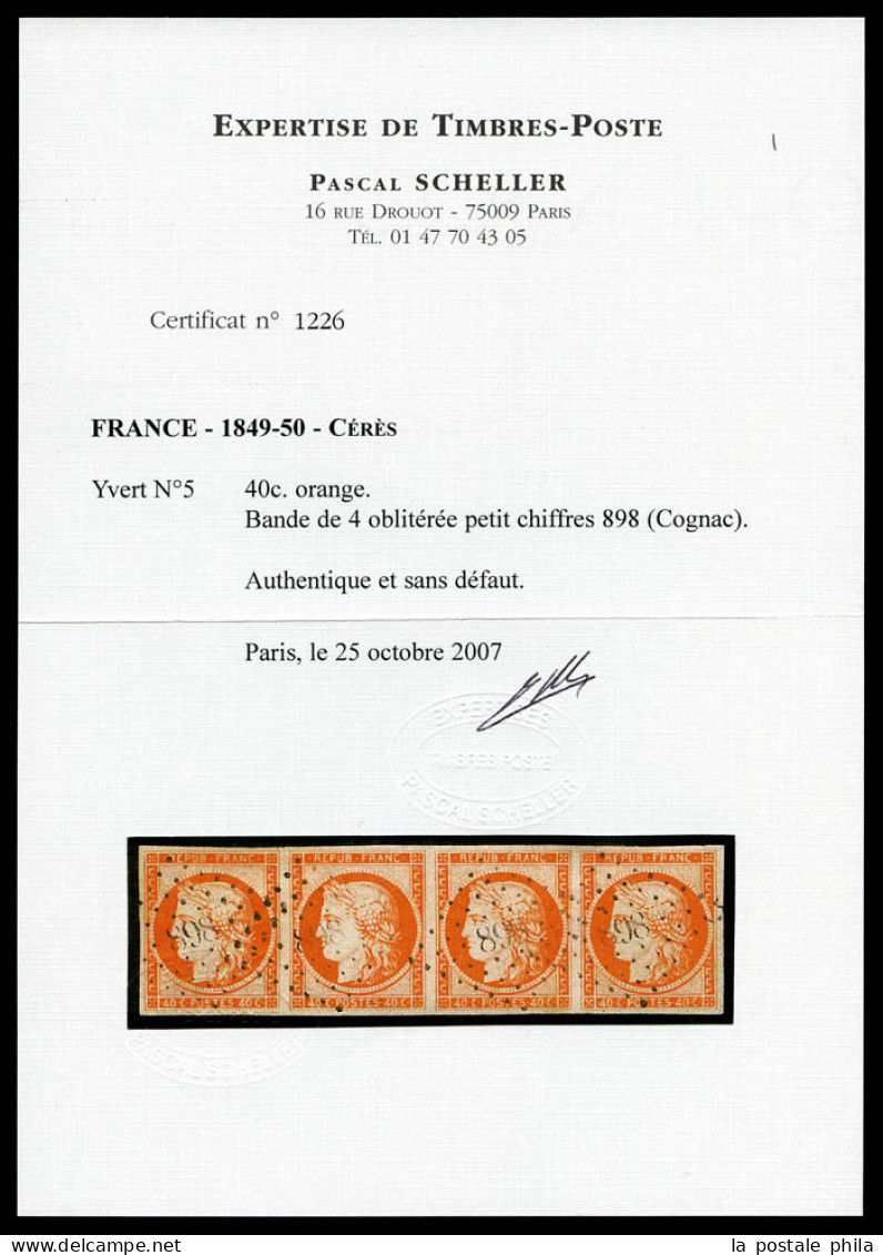 O N°5, 40c Orange En Bande De 4 Oblitération Petit Chiffres 898 (Cognac). SUPERBE. R. (certificats)  Qualité: Oblitéré   - 1849-1850 Cérès