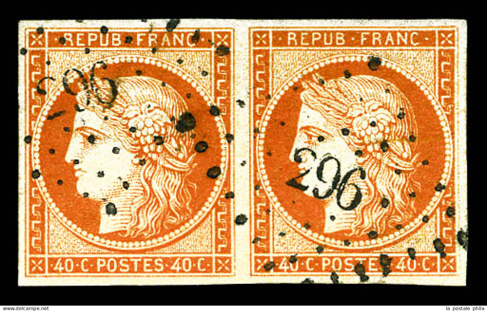 O N°5, 40c Orange En Paire Obl Pc 296. TB (signé Brun/certificat)  Qualité: Oblitéré  Cote: 1200 Euros - 1849-1850 Ceres