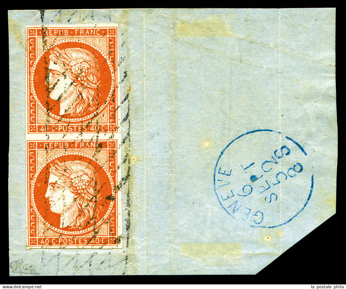 O N°5, 40c Orange En Paire Obl Grille Sans Fin Sur Son Support Avec Càd De GENEVE Du 6 Sept 1852. SUP (signé Calves/cert - 1849-1850 Cérès