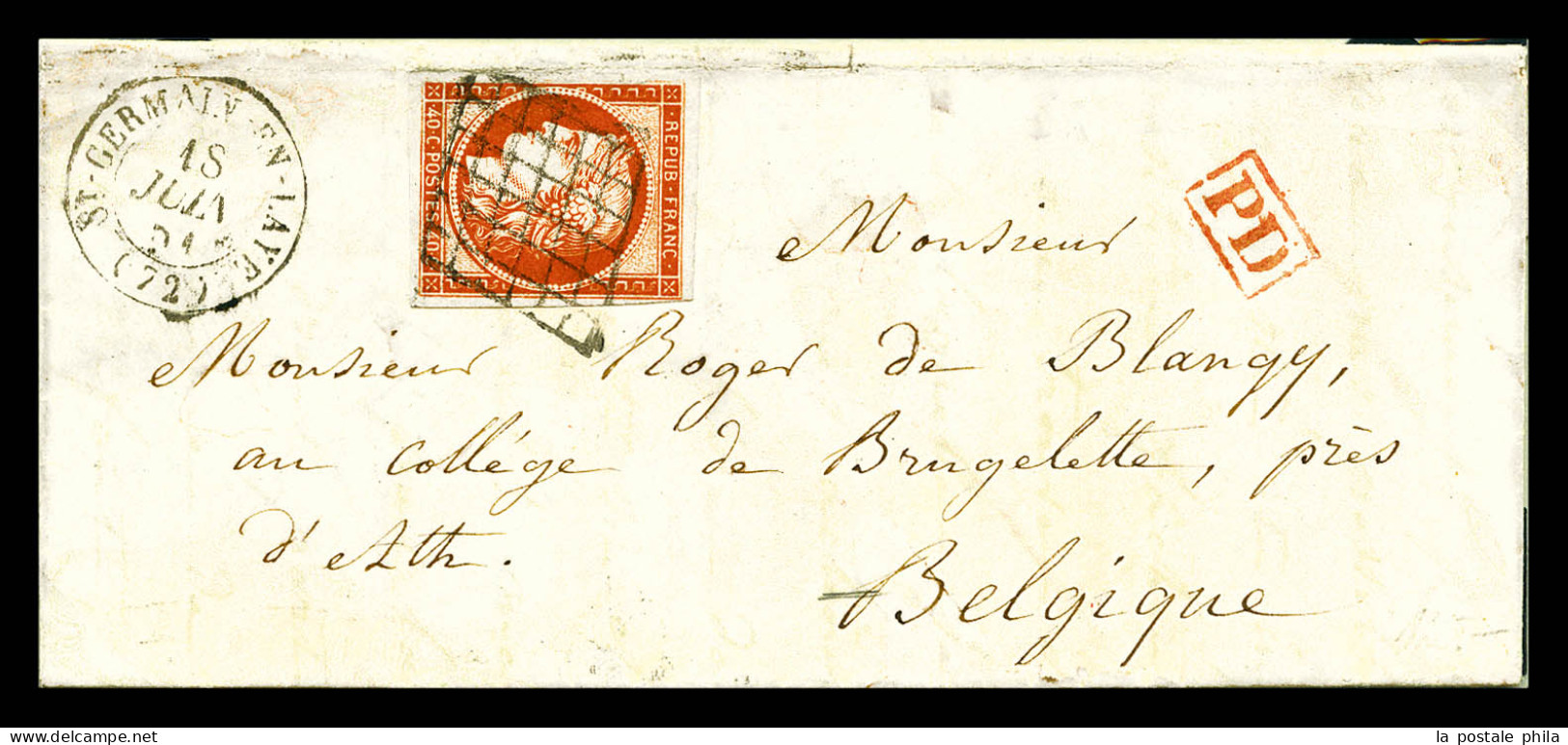 O N°5a, 40c Orange-vif Obl Grille + Càd ST GERMAIN EN LAYE Sur Lettre Du 18 Juin 1854 Pour La Belgique. TTB (certificat) - 1849-1876: Période Classique