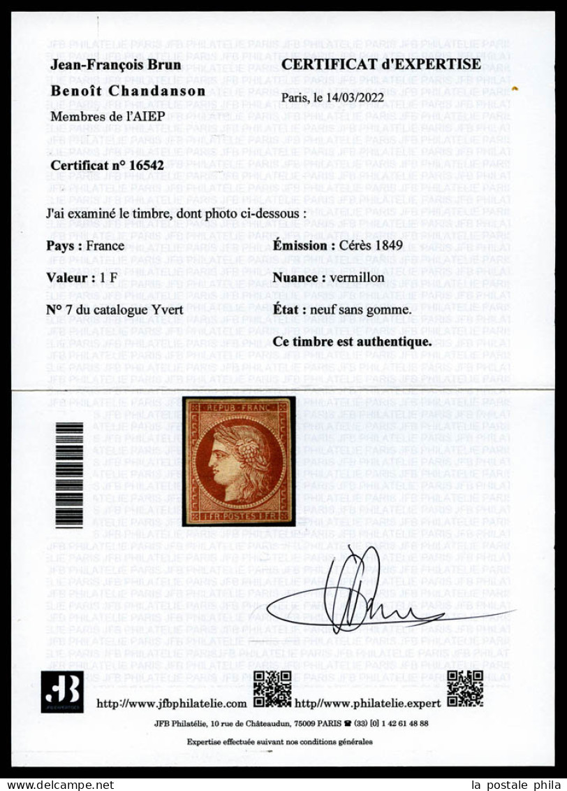(*) N°7, 1F Vermillon, Très Belle Nuance. SUPERBE. R.R.R. (signé Brun/certificat)  Qualité: (*)  Cote: 55000 Euros - 1849-1850 Ceres