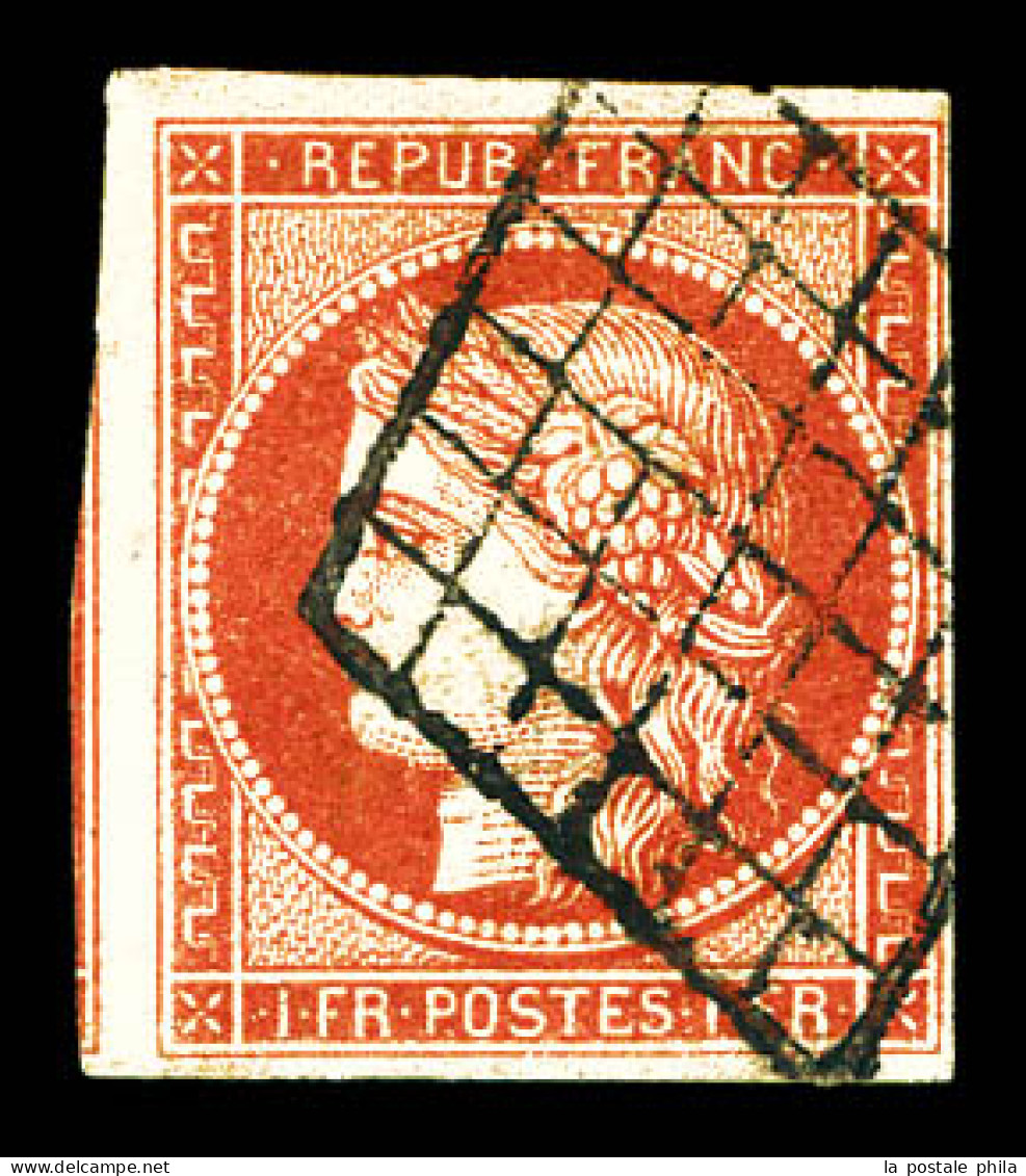 O N°7a, 1F Vermillon Vif, Obl Grille Posée, Très Belles Marges Avec Voisin, PIECE EXCEPTIONNELLE. R.R.R (signé Brun/cert - 1849-1850 Cérès