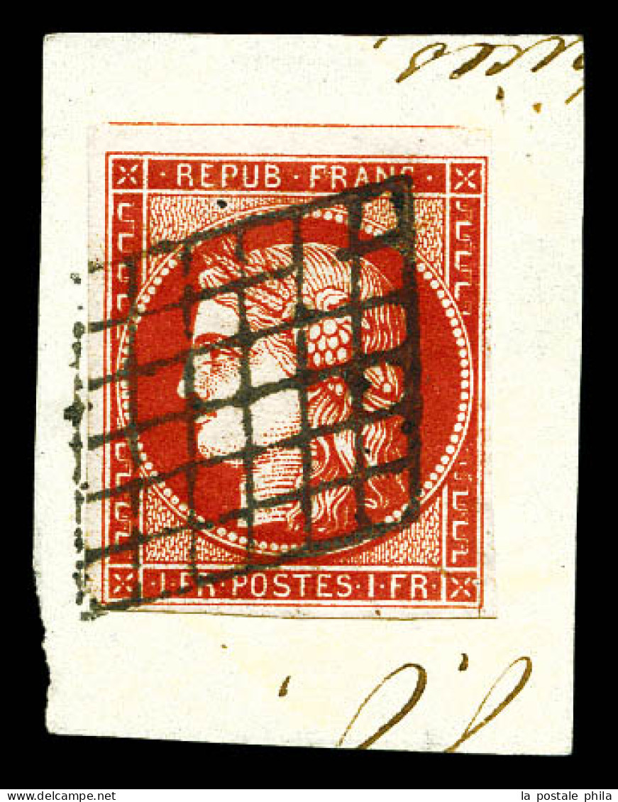 O N°7a, 1F Vermillon Vif, Oblitération Grille, Fente De Débitage, Superbe Couleur, TB. R.R.R (certificats)  Qualité: Obl - 1849-1850 Cérès