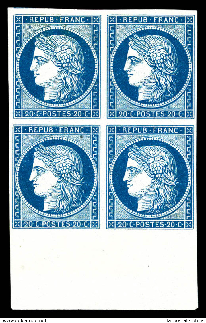 (*) N°8, Non émis, 20c Bleu Sur Jaunâtre En Bloc De Quatre Bas De Feuille, Toujours Sans Gomme. SUPERBE. R.R.R (signé Ca - 1849-1850 Ceres