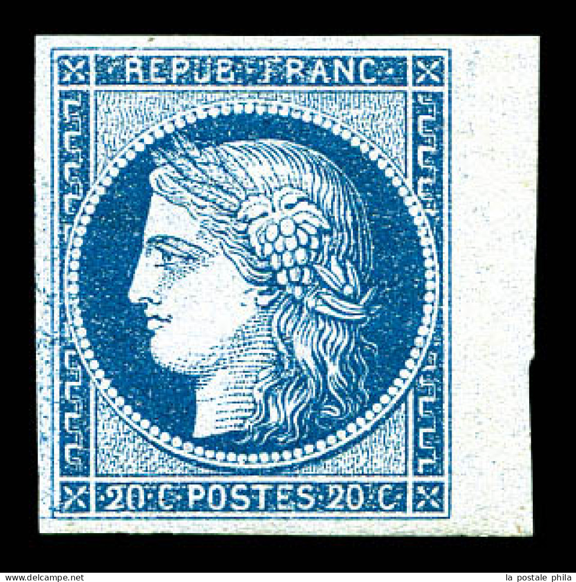 ** N°8b, Non émis, 20c Bleu Sur Azuré Bord De Feuille, Fraîcheur Postale. SUPERBE. R.R. (signé Calves/certificat)  Quali - 1849-1850 Cérès