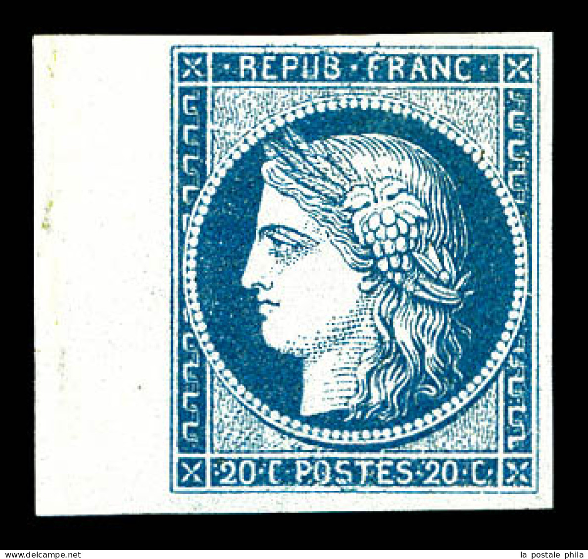 (*) N°8b, Non émis, 20c Bleu Sur Azuré, Bord De Feuille Latéral, Grande Fraîcheur, RARE Et SUP (signé Calves/certificats - 1849-1850 Ceres