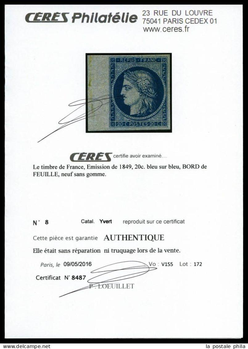 (*) N°8b, Non émis, 20c Bleu Sur Azuré, Bord De Feuille Latéral, Grande Fraîcheur, RARE Et SUP (signé Calves/certificats - 1849-1850 Cérès