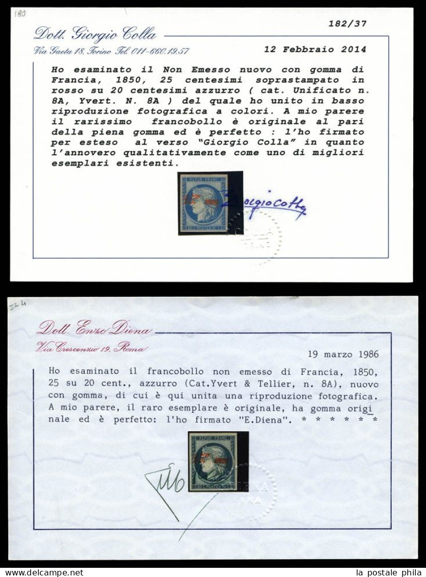 * N°8A, Non émis, 25c Sur 20c Bleu, Quatre Belles Marges, Fraîcheur Postale. SUPERBE. R.R.R. (signé Margues/Robineau/cer - 1849-1850 Cérès