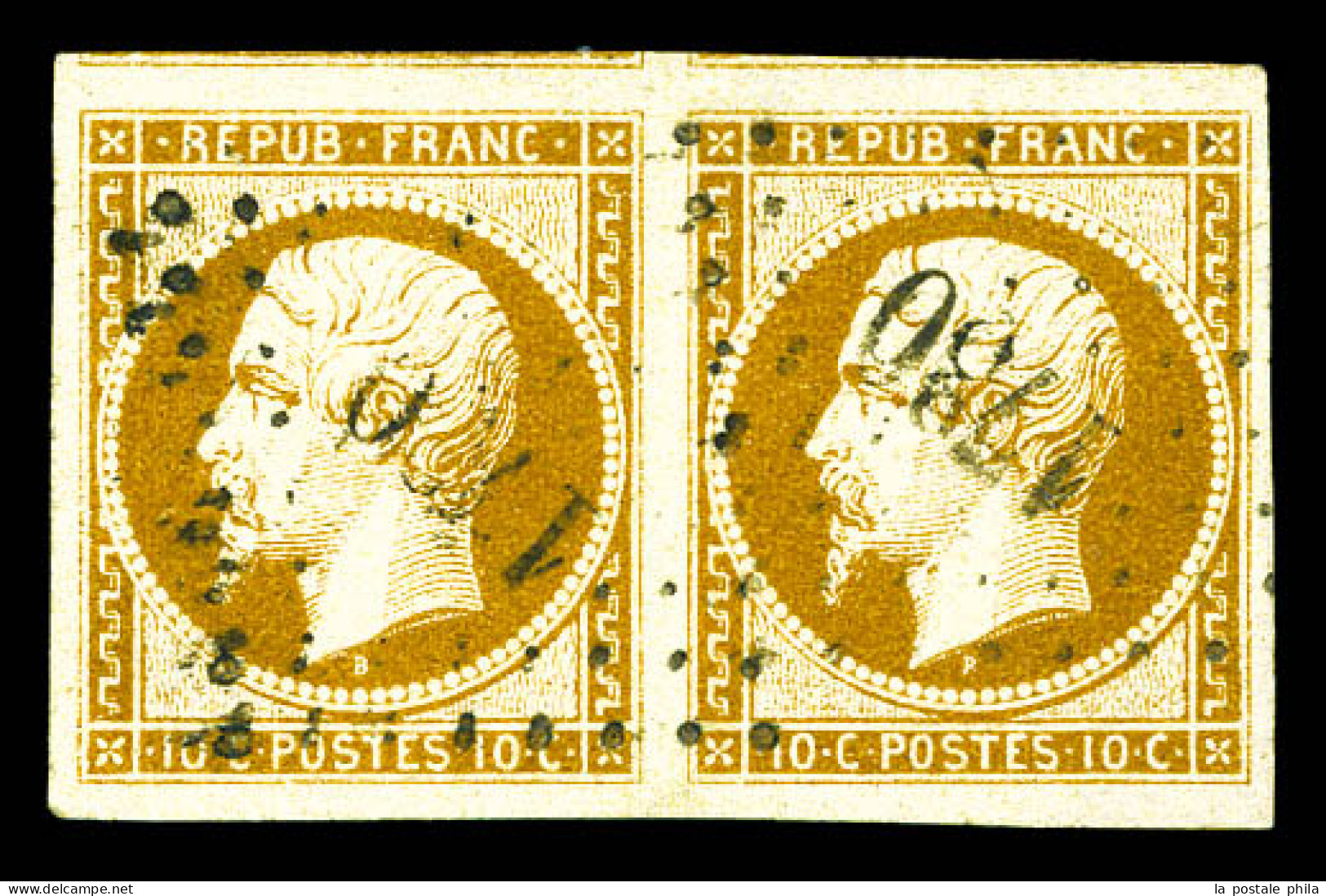 O N°9, 10c Bistre-jaune En Paire Grandes Marges Avec Voisins. SUPERBE (signé Calves/Brun/certificat)  Qualité: Oblitéré - 1852 Louis-Napoleon