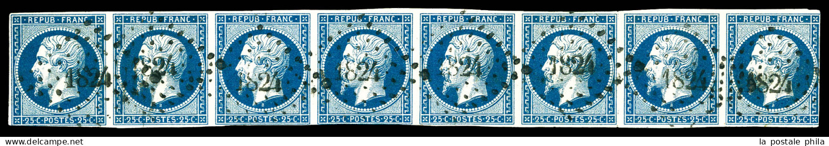 O N°10, 25c Bleu En Bande Horizontale De 8 Exemplaires Obl Pc 1824, Quelques Défauts Sans Importance, Très Rare (certifi - 1852 Luigi-Napoleone