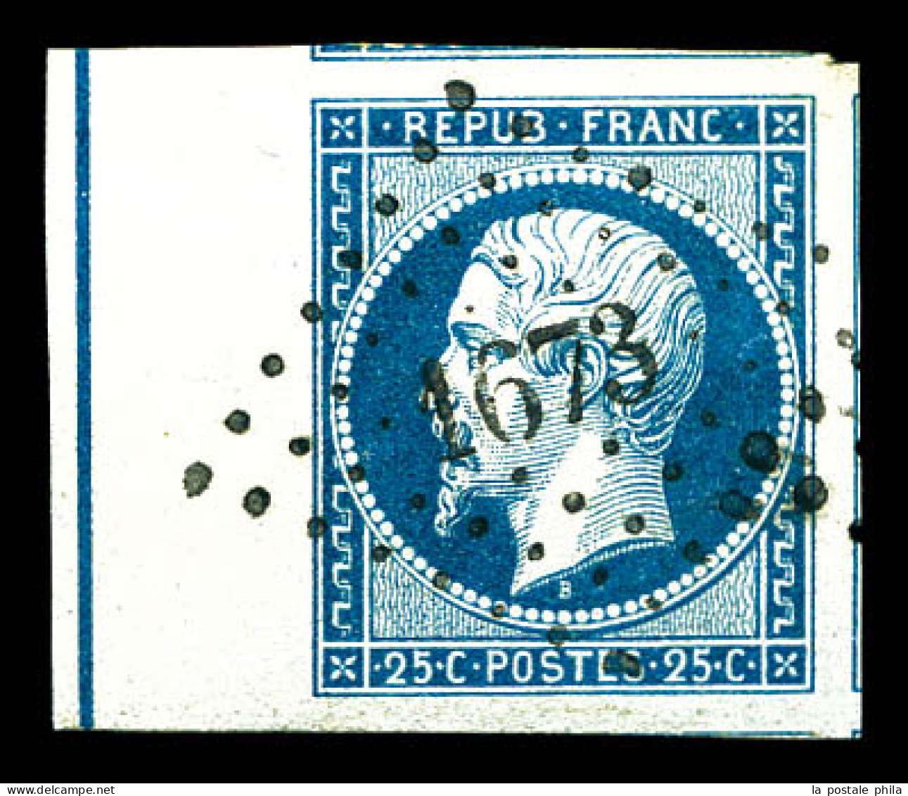 O N°10b, 25c Bleu Bord De Feuille Avec Filet D'encadrement Oblitéré PC 1673 (Laval) Avec 4 Voisins, SUPERBE. R. (certifi - 1852 Luis-Napoléon