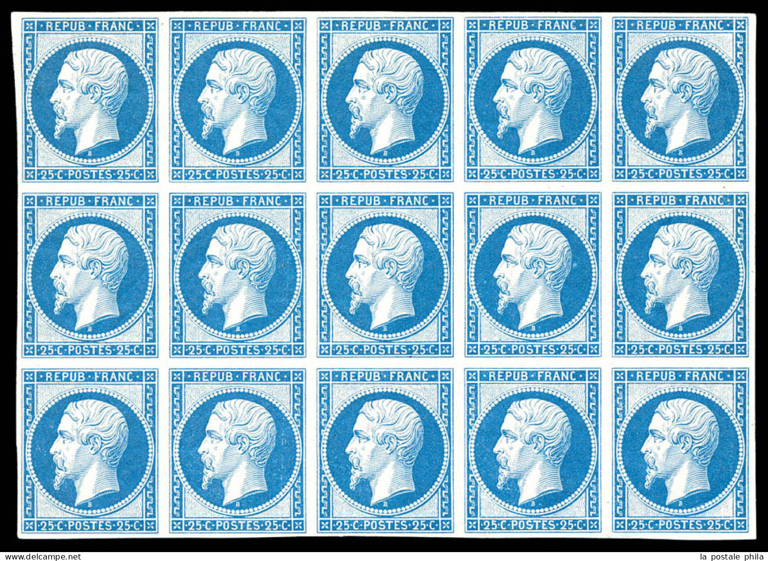 ** N°10c, 25c Bleu, Impression De 1862 En Bloc De 15 Exemplaires (2ex*), Fraîcheur Postale. SUPERBE. R.R. (certificat)   - 1852 Louis-Napoleon