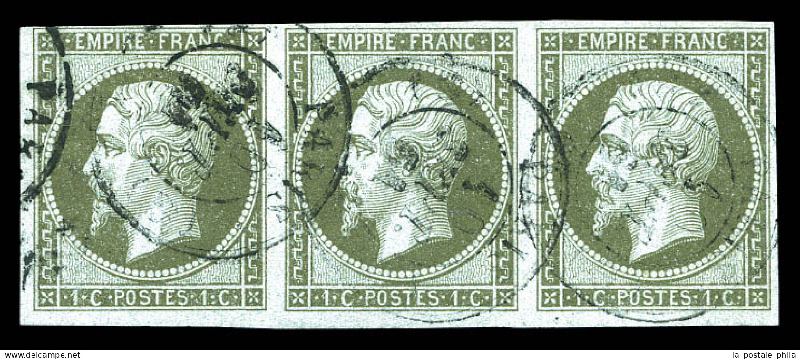 O N°11, 1c Olive, Bande De 3. TTB (signé Scheller/Calves)  Qualité: Oblitéré  Cote: 375 Euros - 1853-1860 Napoleon III