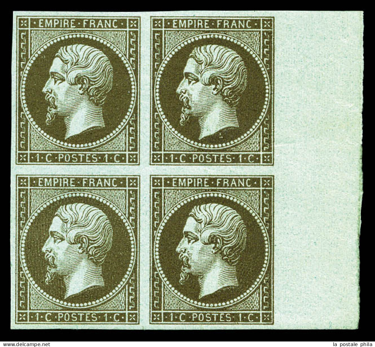 ** N°11c, 1c Mordoré En Bloc De Quatre Bord De Feuille Latéral Droit (2ex*), Fraîcheur Postale. SUPERBE (certificats)  Q - 1853-1860 Napoleon III