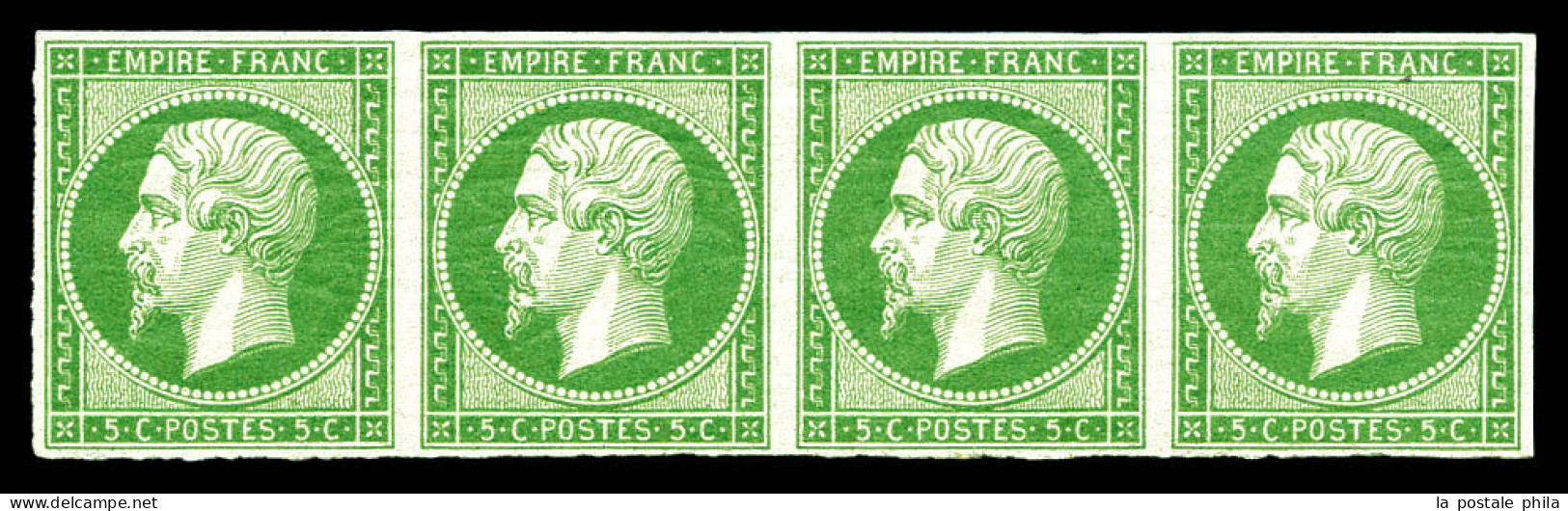 ** N°12, 5c Vert, Bande De Quatre, Fraîcheur Postale. SUP (certificat)  Qualité: ** - 1853-1860 Napoleon III