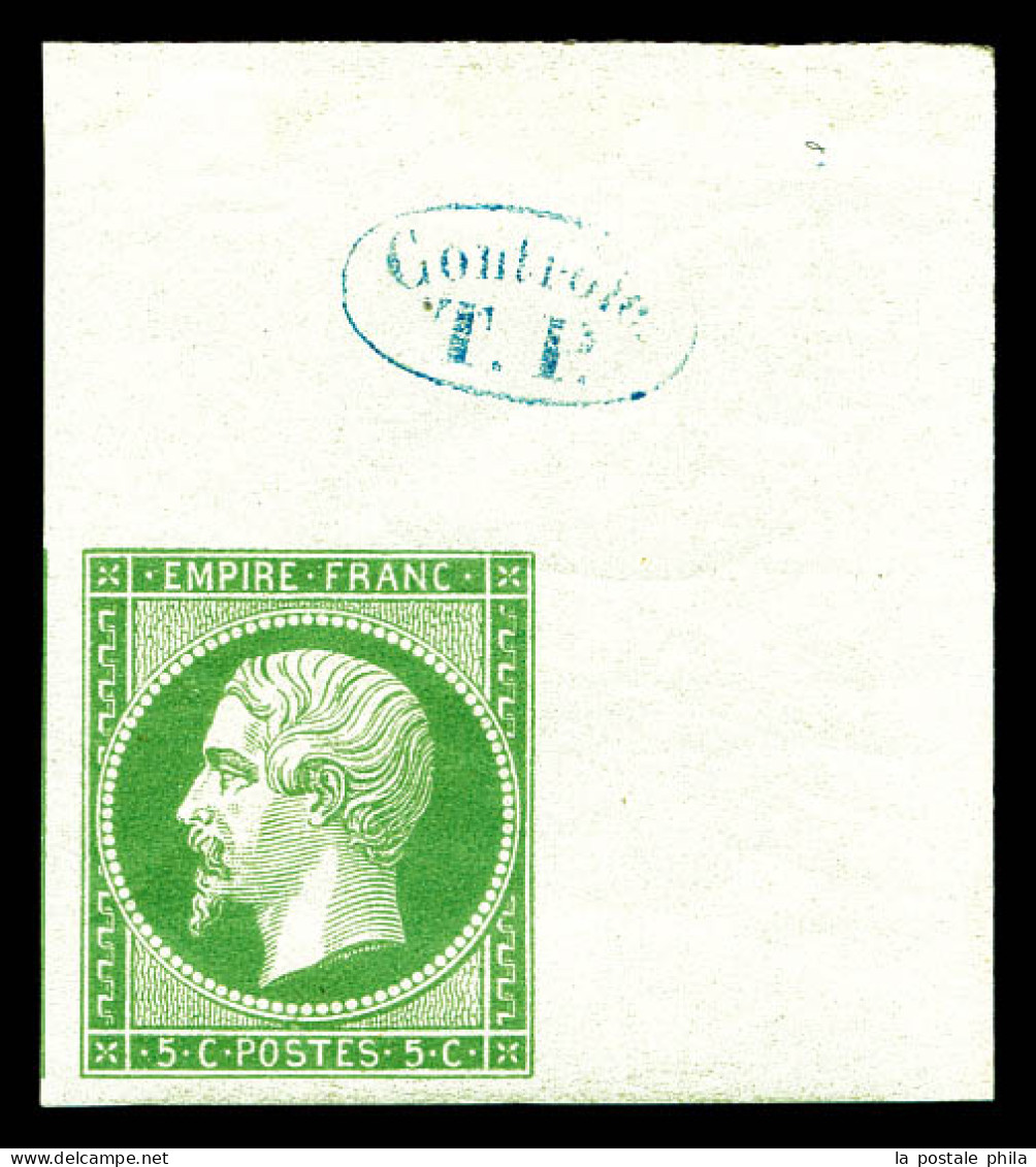 ** N°12a, 5c Vert-jaune Nuance Claire Rare, Grand Coin De Feuille Avec Griffe Bleue 'CONTROLE TP' Et Filet D'un Voisin.  - 1853-1860 Napoleon III