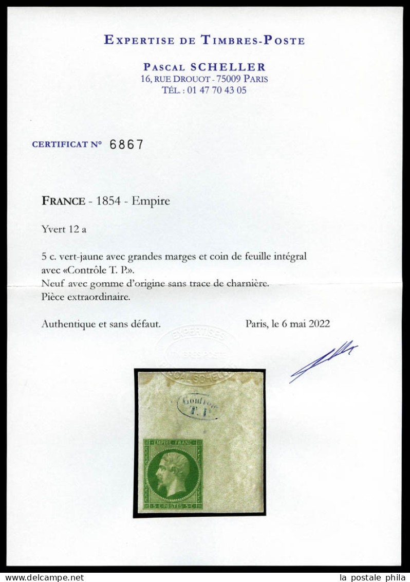 ** N°12a, 5c Vert-jaune Nuance Claire Rare, Grand Coin De Feuille Avec Griffe Bleue 'CONTROLE TP' Et Filet D'un Voisin.  - 1853-1860 Napoleon III