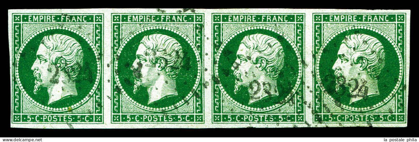 O N°12c, 5c Vert Foncé Sur Vert, Bande De Quatre Obl Petits Chiffres 2324. SUP. R. (certificat)  Qualité: Oblitéré - 1853-1860 Napoleon III